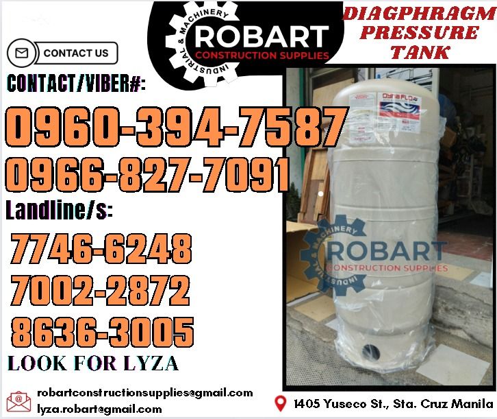 Diaphragm Pressure Tank (Category: Construction Tools & Equipment) located in Manila. Submitted by lyzarobart1999 (Listing ID 1318534524, Image 1). Description: Diaphragm Pressure Tank Brand: Dynaflo Model: DF 305 𝑹𝑶𝑩𝑨𝑹𝑻 𝑪𝑶𝑵𝑺𝑻𝑹𝑼𝑪𝑻𝑰𝑶𝑵 𝑺𝑼𝑷𝑷𝑳𝑰𝑬𝑺 𝒪𝒻𝒻𝒾𝒸𝑒 𝒜𝒹𝒹𝓇𝑒𝓈𝓈: 𝟣𝟦𝟢𝟧 𝒴𝓊𝓈𝑒𝒸𝑜 𝒮𝓉. 𝒮𝓉𝒶 𝒞𝓇𝓊𝓏 𝑀𝒶𝓃𝒾𝓁𝒶 ꜱᴇɴᴅ ᴜꜱ ᴍᴇꜱꜱᴀɢᴇ ꜰᴏʀ ɪɴQᴜɪʀɪᴇꜱ ‼️ ‼️ ɢʟᴏʙᴇ: (0966-827-7091) ꜱᴍʀᴛ - (0960-394-7587) ᴠɪʙʀ - (0960-