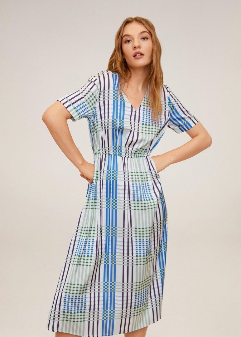 mango check pattern midi dress Checked dress with draped neckline