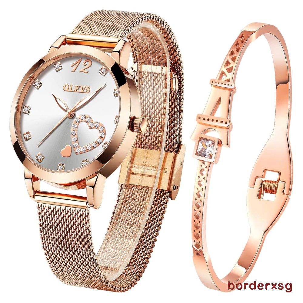 OLEVS Womens Watch Gifts Set with Bracelet Rose Gold for Lady Female Minimalist Simple Slim Thin