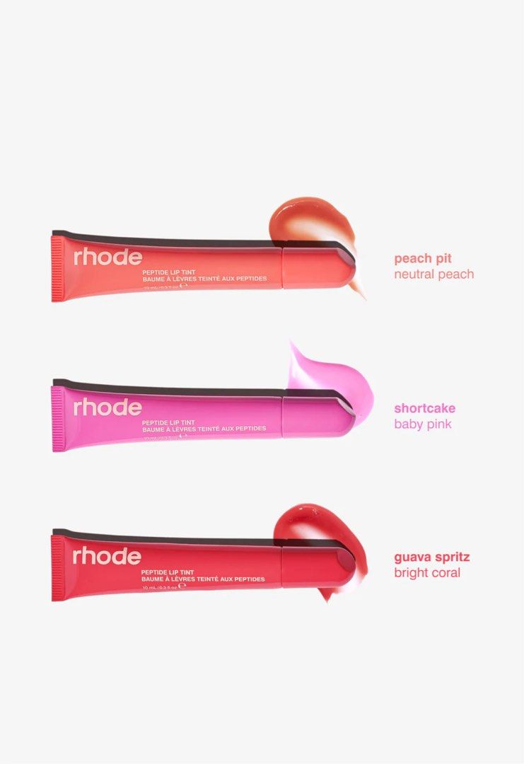 Rhode Skin Summer Limited Edition Lip Peptide Tints (Category: Makeup) located in Taguig. Submitted by francextrasph (Listing ID 1318445584, Image 1). Description: ON HAND Limited Edition Shades 🍰 shortcake - 1 pc left (no restock) 🍑 peach pit ❤️guava spritz Core Shades ☕️ Espresso (in transit) 🎀 ribbon (in transit) 🍞 toast 💖 raspberry jelly (in transit) Lip Peptide Treatment ✨ unscented 🍮 salted caramel .