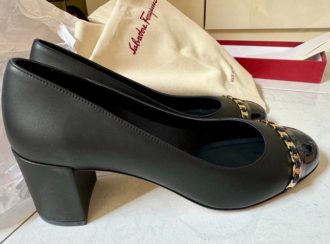 Salvatore Ferragamo Avella 5.5cm Black Calf Leather Pumps Block Heels Chanel style beautiful chain detail Luxury brand