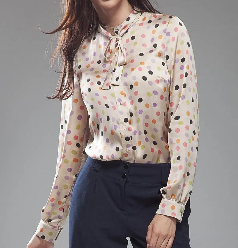 NIFE Satin Longsleeves Blouse with a Bow in Printed Dots Pattern (Medium) (Category: Longsleeves) located in Taguig. Submitted by jetsetlife (Listing ID 1318475189, Image 3). Description: PRELOVED - NIFE Long sleeves blouse with a printed dots pattern - Round neck finished with a bow - Size: Medium / EU 38 / UK 10 / US 6 - Top quality and materials - Sophisticated design - Perfect for smart casual or work days - Made in Poland - Used twice only P