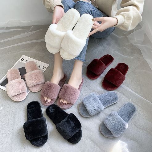 Women Open Toe Fluffy Furry Faux Fur Cozy Indoor Home Bedroom Slippers Slides Slip On Comfy Soft Flannel Women s Fashion Footwear Flats on Carousell