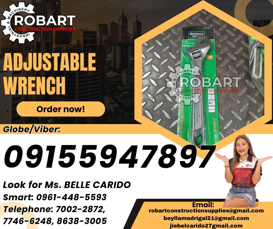 Adjustable Wrench (Category: Construction Tools & Equipment) located in Manila. Submitted by bellarobart (Listing ID 1318702966, Image 1). Description: Adjustable Wrench Brand: Hoyoma Size: 12" 𝑹𝑶𝑩𝑨𝑹𝑻 𝑪𝑶𝑵𝑺𝑻𝑹𝑼𝑪𝑻𝑰𝑶𝑵 𝑺𝑼𝑷𝑷𝑳𝑰𝑬𝑺 Office Address: 1405 Yuseco St. Sta Cruz Manila SEND US MESSAGE FOR INQUIRIES ‼️ ‼️ Glb/Vibr: 0915-594-7897 Smrt: 0961-448-5593 Landline: (7746-6248 / 7002-2872) 𝓛𝓞𝓞𝓚 𝓕𝓞𝓡 𝓑𝓔𝓛𝓛𝓔 🔵 100% Trus