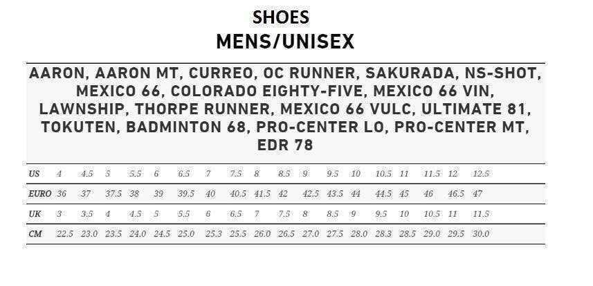 Asics tiger size chart hotsell