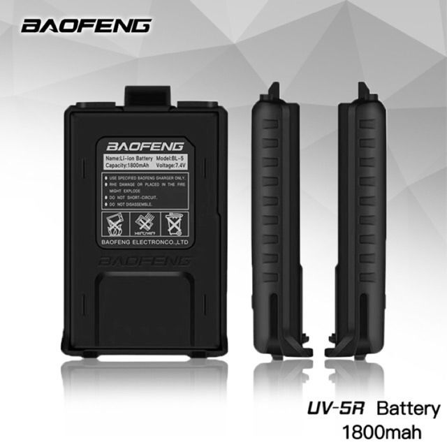 Baofeng UV-5R 1800mAh Battery (Category: Walkie-Talkie) located in Manila. Submitted by kinasamudio913 (Listing ID 1318682050, Image 1). Description: Brand： BAOFNEG Battery Type: li-ion Applicable radios: BaoFeng UV-5R, UV-5RA, UV-5R+,5R-B, 5R-C, 5R-D, BF-5RE, 5R-A+,5R-D+, BF-F8+ Voltage: 7.4V Capacity: 1800mAh.