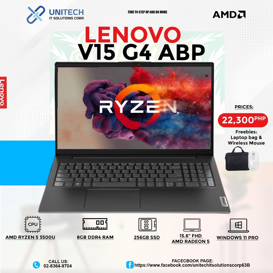BRAND NEW LENOVO LAPTOP (Category: Laptops & Notebooks) located in Manila. Submitted by crisantow (Listing ID 1318630938, Image 1). Description: ▶️Lenovo V15 G4 ABP ▪️AMD Ryzen 5 5500U ▪️8GB DDR4 Memory ▪️256GB SSD ▪️15.6" FHD ▪️Windows 11 Pro ▪️AMD Radeon 5 💸P22,300.