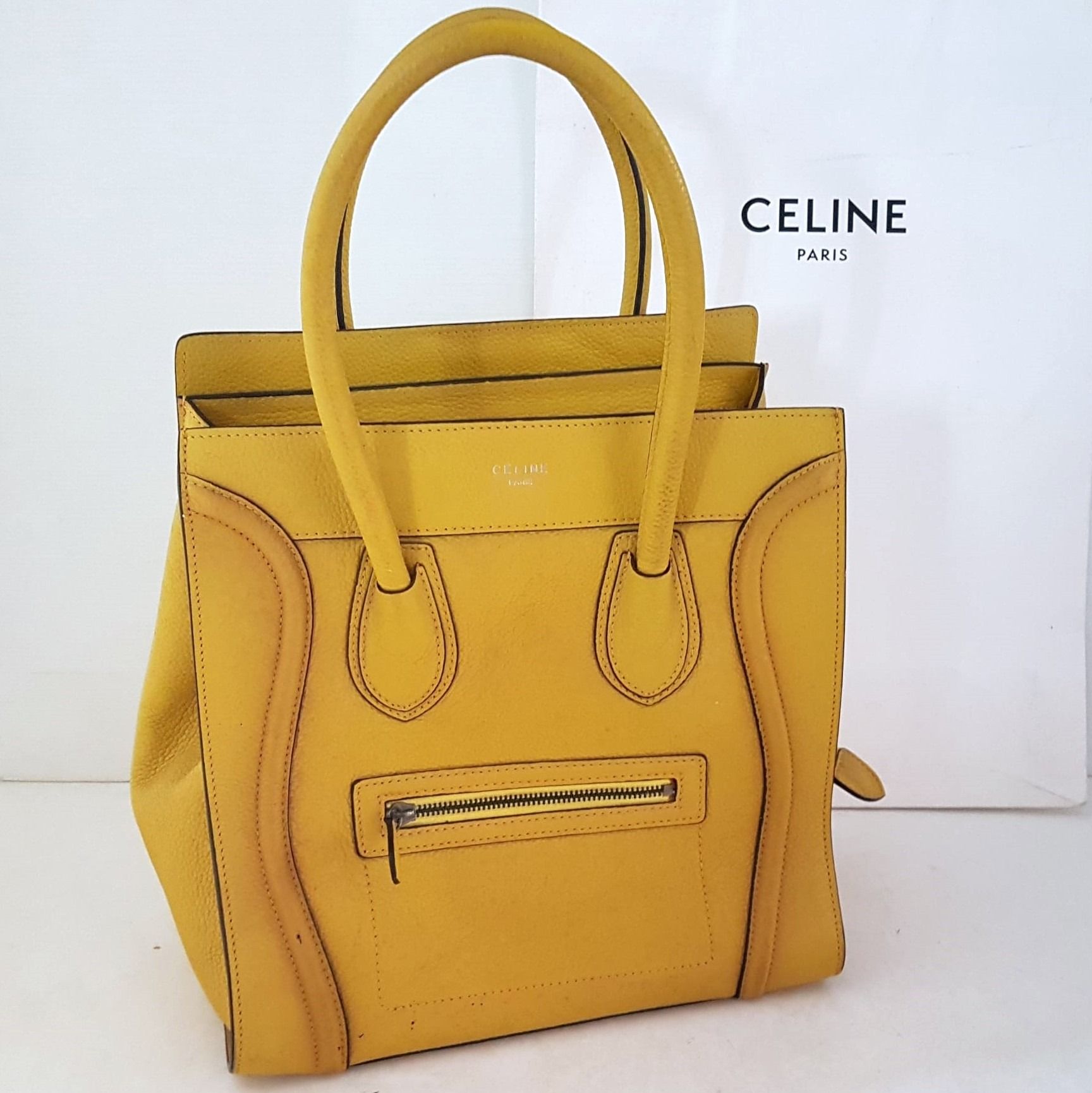 Celine Macro Luggage Tote Bag CELINE Drummed Calfskin Model made in ITALY Unique Ochre Handbag Shoulder Duffel Hand carry Timeless Classic
