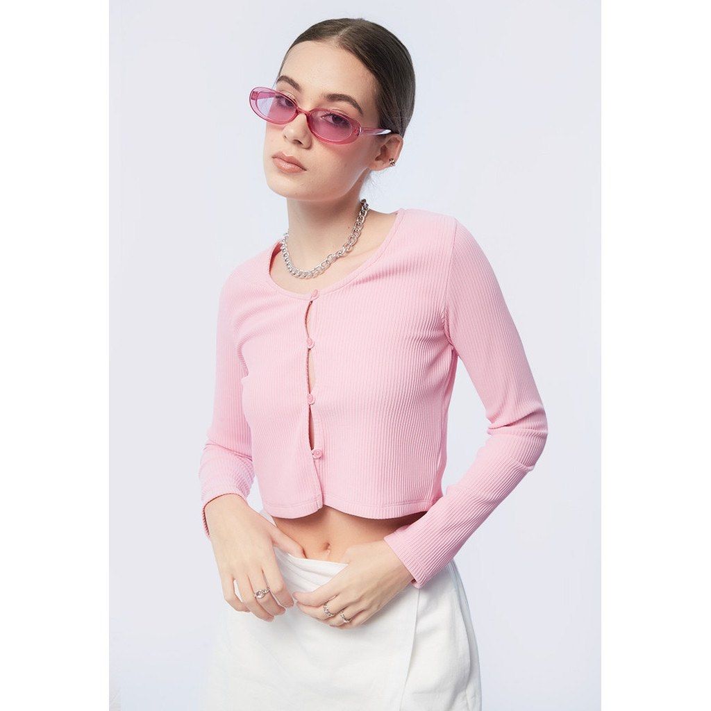 COLORBOX Long Sleeve Round Neck Cardigan Pink