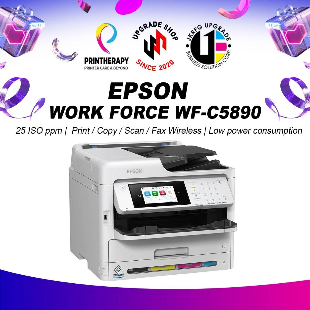 Epson WorkForce Pro WF-C5890 A4 Colour Multifunction Printer (Category: Printers, Scanners & Copiers) located in Quezon City. Submitted by stephturgo (Listing ID 1318639130, Image 1). Description: ON STOCK!!! OPEN FOR BULK ORDER!! BIGGER DISCOUNT FOR BULK ORDER!! 25ipm fast print speed High-speed auto-duplex printing Energy saving: Low TEC of just 0.2kWh Robust security features to safeguard confidential documents Cloud and Mobile Solutions for e