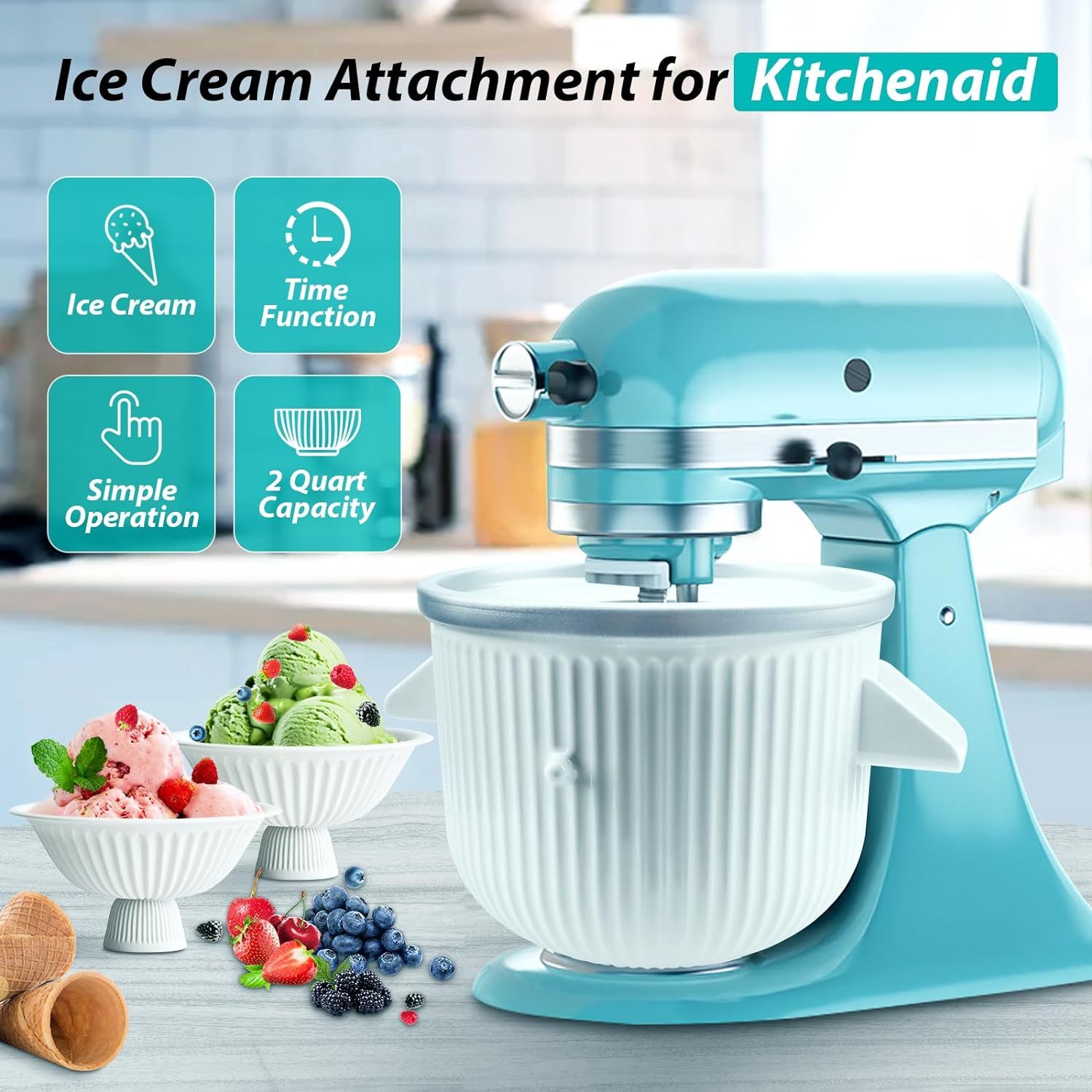 GuanQiao Ice Cream Maker Attachment for KitchenAid Stand Mixer Ice Cream Bowl Compatible with 4.5Qt and Larger Stand Mixers Ice Cream Sorbet Gelato Maker Attachment 2 Quart White GQ KA01 TV