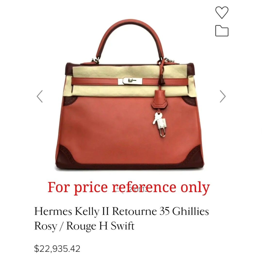 Hermes Kelly 35 Ghillies (Category: Luxury Bags & Wallets) located in Manila. Submitted by luxe88nhelmueller (Listing ID 1318646094, Image 2). Description: Available on hand Pre owned Hermes Kelly 35 Retourne Ghillies Rosy and Rouge H combination Veau Swift Leather PHW Stamp P Year 2012 Comes with Shoulder strap, Clochette, Lock, keys And dust bag.