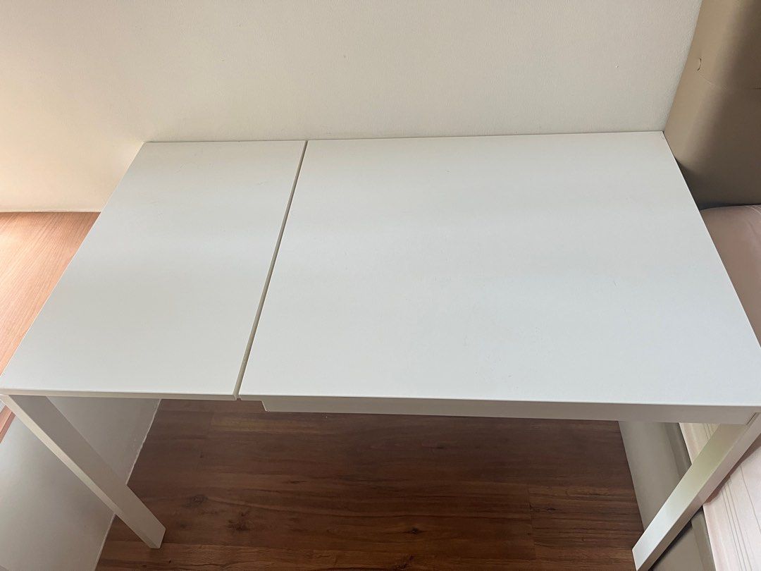 IKEA extendable table (dining / study) (Category: Tables & Sets) located in Singapore. Submitted by decanapel (Listing ID 1318675553, Image 2). Description: IKEA extendable table. Can be used for dinning or study. Full length 120cm, can be shortened to 80cm Height 73cm Width 70cm Self collect or arrange your own pickup at Sembawang (near Sembawang Shopping Centre) .