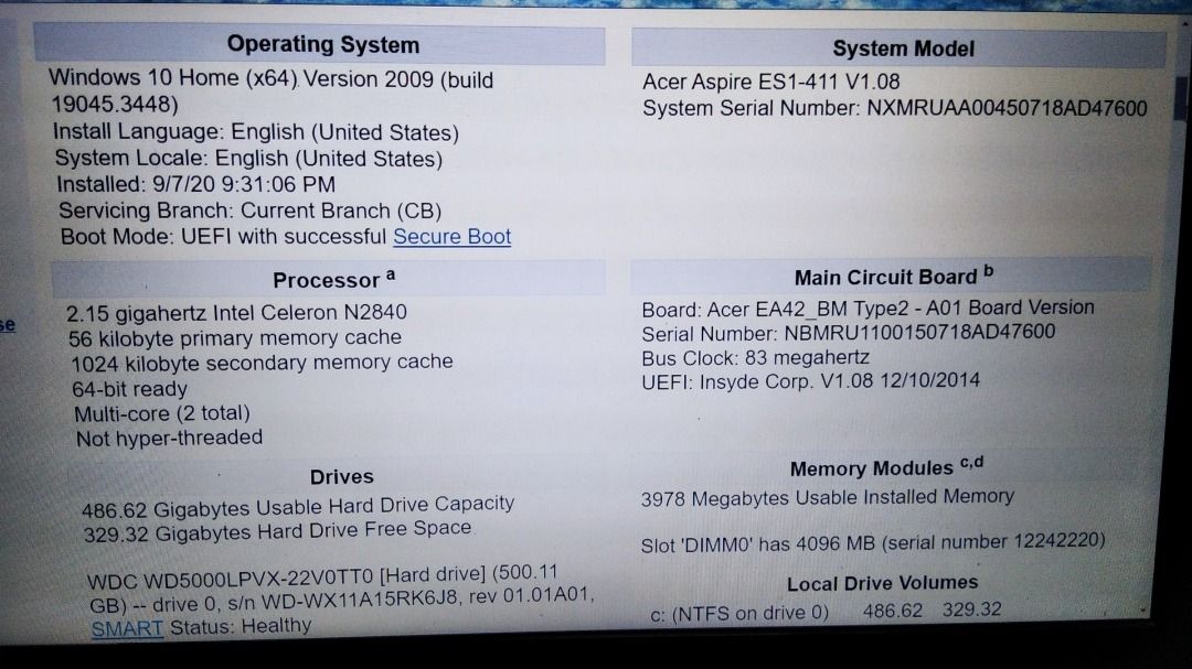 LAPTOP COMPUTER Acer Aspire E14 Excellent Windows 11 (Category: Laptops & Notebooks) located in Davao. Submitted by blake.auge (Listing ID 1318631766, Image 3). Description: Preloved laptop Acer Aspire E14. Please see Belarc Advisor photo for exact specs. Battery is good, full charge 2-4 hours play. Will perform factory reset before point of sale. Comes with original Acer Charger. Please DM any questions Free pickup/ meetup in Davao City. 4GB CCR