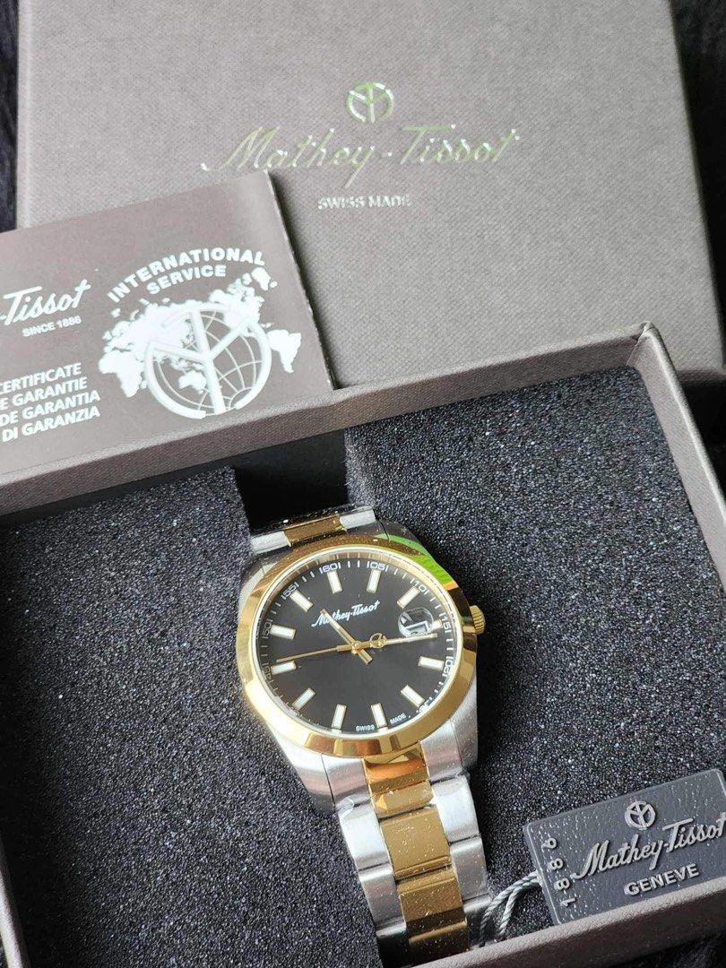 Mathey-Tissot 40mm Two Toned (Category: Luxury Watches) located in Pagsanjan. Submitted by b_and_bshop61020 (Listing ID 1318646938, Image 1). Description: Brandnew Original Mathey Tissot 40mm black dial With box, tag, card.