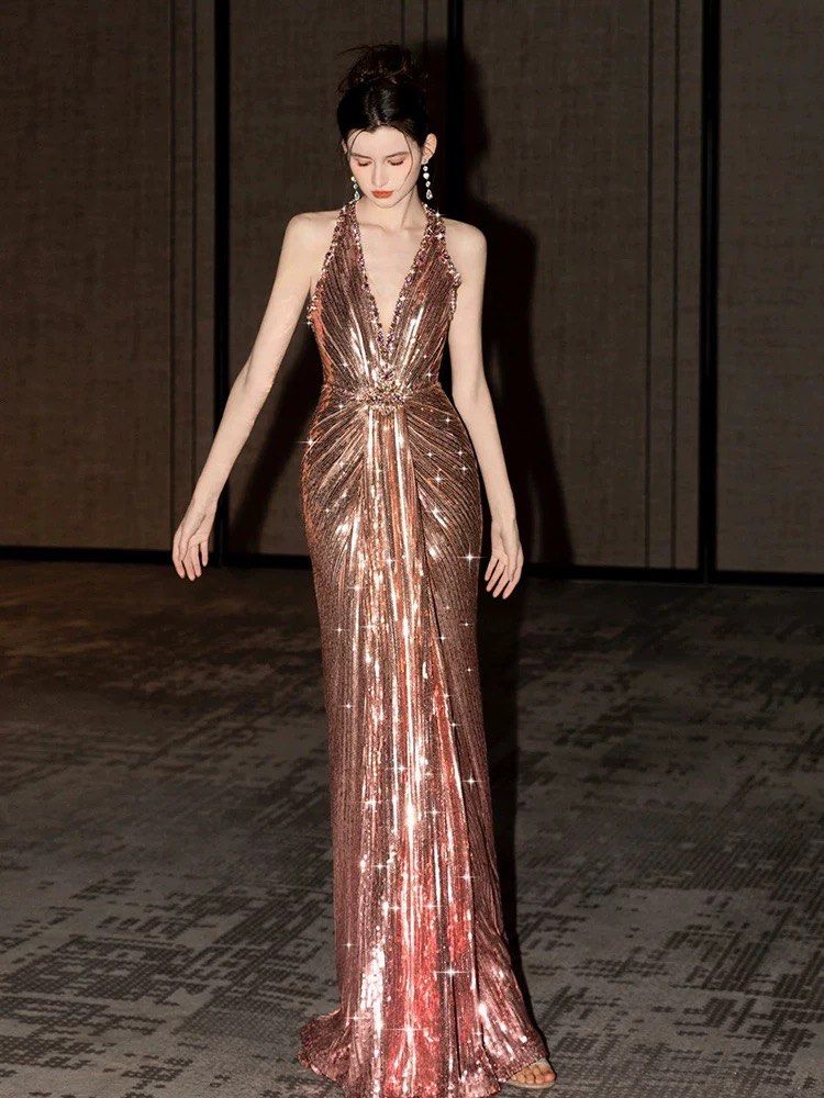 PO Golden halter backless sparkly glittery dress Birthday tea - Main Image