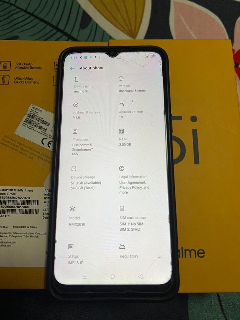 Real Me Android (Category: Android Others) located in Cavite. Submitted by amaxxingfinds (Listing ID 1318753433, Image 3). Description: realme 5i P3000 64 GB Battery Health 87% Green ✅ no sim restrictions ✅ clear front & back cam ✅ all parts original ~minor scratches but all features working ~cracked screen protector for replacement but intact LCD ~charger not included inclusions: box, free casing location: Molino, Bacoor, Cavite RFS: upgrade uni