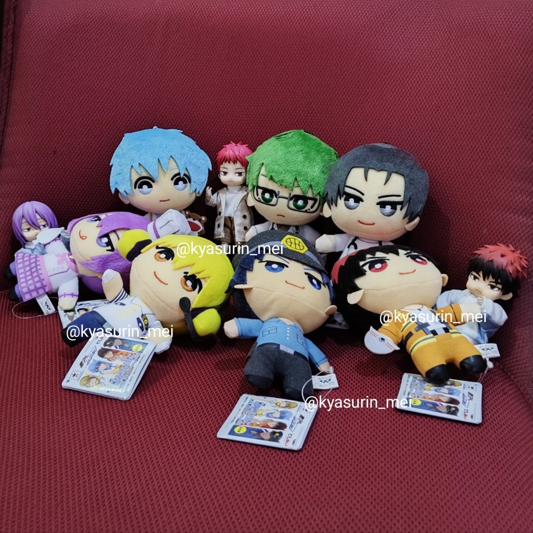 [VERY RARE] SET 6.5 inches ALL WITH TAG, OSHIGOTO Style, WORK Uniform, Kagami Kuroko Kise Aomine Murasakibara Midorima Takao, BANPRESTO Plush, 7 pcs, KNB Kuroko no Basket Cross Colors Tomonui (Nendoroid figures NOT INCLUDED, only stuffed toys) (Category: Figurines & Statues) located in Las Pinas. Submitted by kyasurin_mei (Listing ID 1318765814, Image 1). Description: I was collecting this line to take pictures with my KNB Nendoroids but got busy