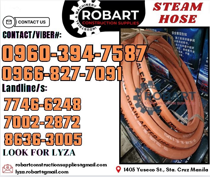 Steam Hose (Category: Construction Tools & Equipment) located in Manila. Submitted by lyzarobart1999 (Listing ID 1318686388, Image 1). Description: Steam Hose Brand: Alfagomma Size: 1/2" Application: Can Be Use for 90°C Hot Water Color: Red 𝑹𝑶𝑩𝑨𝑹𝑻 𝑪𝑶𝑵𝑺𝑻𝑹𝑼𝑪𝑻𝑰𝑶𝑵 𝑺𝑼𝑷𝑷𝑳𝑰𝑬𝑺 𝒪𝒻𝒻𝒾𝒸𝑒 𝒜𝒹𝒹𝓇𝑒𝓈𝓈: 𝟣𝟦𝟢𝟧 𝒴𝓊𝓈𝑒𝒸𝑜 𝒮𝓉. 𝒮𝓉𝒶 𝒞𝓇𝓊𝓏 𝑀𝒶𝓃𝒾𝓁𝒶 ꜱᴇɴᴅ ᴜꜱ ᴍᴇꜱꜱᴀɢᴇ ꜰᴏʀ ɪɴQᴜɪʀɪᴇꜱ ‼️ ‼️ ɢʟᴏʙᴇ: (0966-827-7091) ꜱᴍʀᴛ - (0