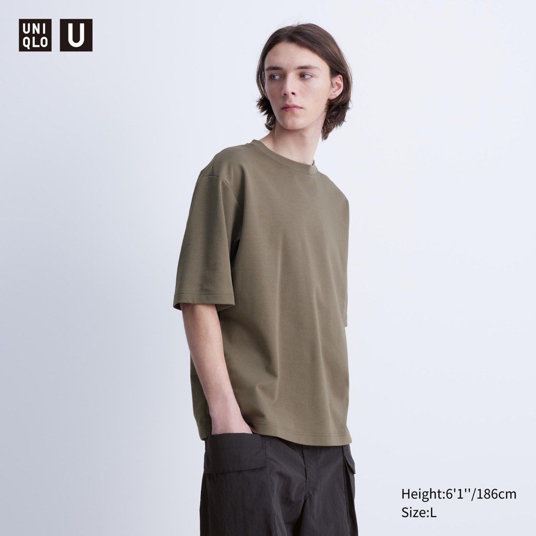 Uniqlo AIRism Cotton Crew Neck Oversized T-Shirt Green, Men's