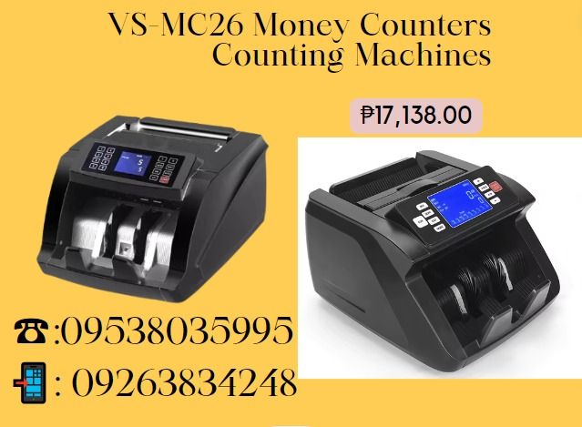 VS-MC26 MONEY COUNTERS COUNTING MACHINE (Category: Office & Business Technology) located in Aroroy. Submitted by 09602831019 (Listing ID 1318666144, Image 1). Description: Display: LCD Feed Method: Roller friction system Counting Speed:900,1200 or 1500pcs/min Countable Paper Size: "50*110mm -90*190mm Countable Paper Thickness: 0.07-0.2mm Working Power(W): ≤70W Stacker Capacity: 200pcs Accumulation: 100v-240v External Interface: yes detect method: