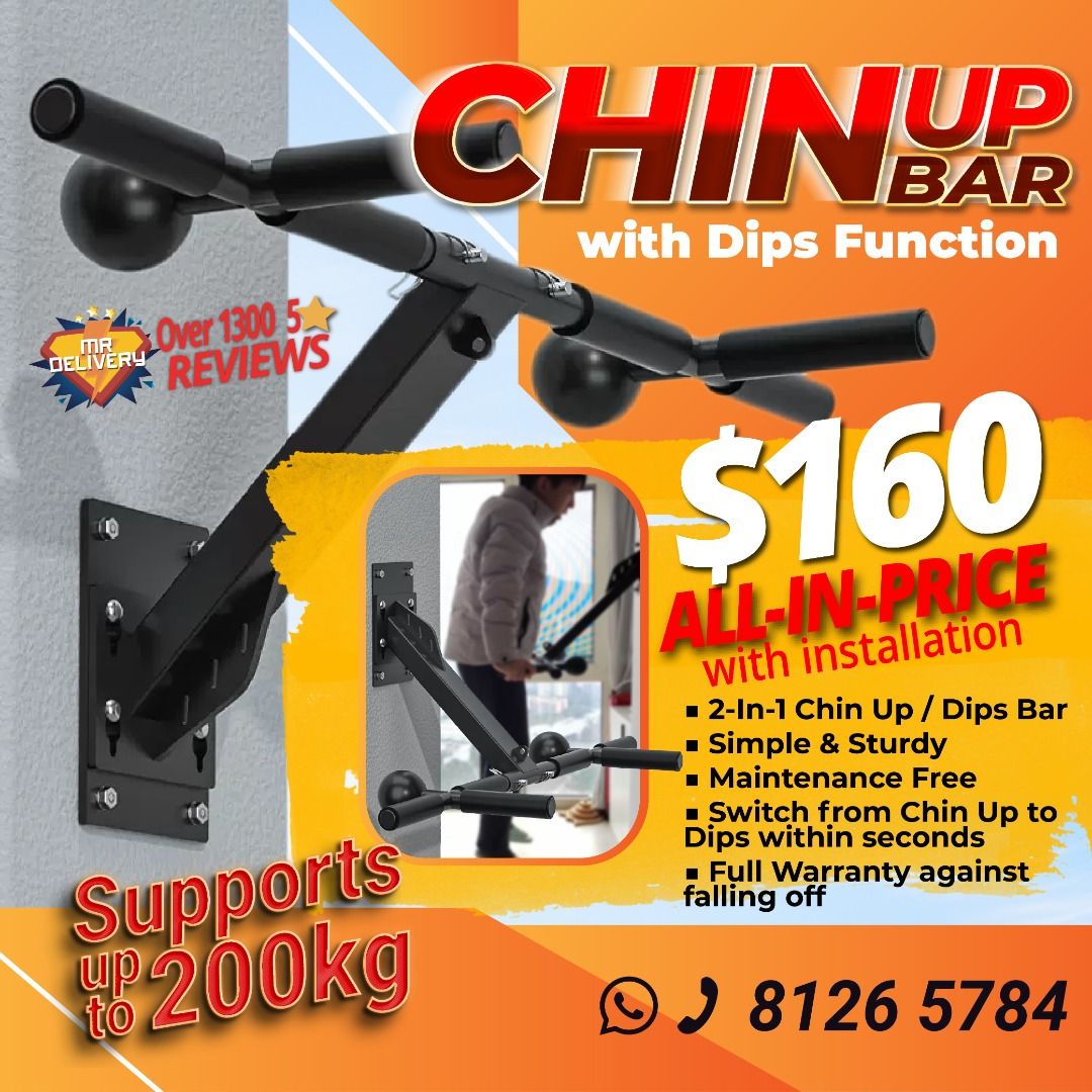 2-In-1 Chin up / Dips Bar with Installation (Category: Toning & Stretching Accessories) located in Singapore. Submitted by mrdelivery (Listing ID 1318957730, Image 1). Description: Multifunctional Pull Up Chin Up Bar: Your Ultimate Home Gym Companion Introducing our Multifunctional Pull Up Chin Up Bar, a durable and versatile piece of home gym equipment designed to deliver a full upper body workout. This 2-in-1 fitness solution combines a wall-mo