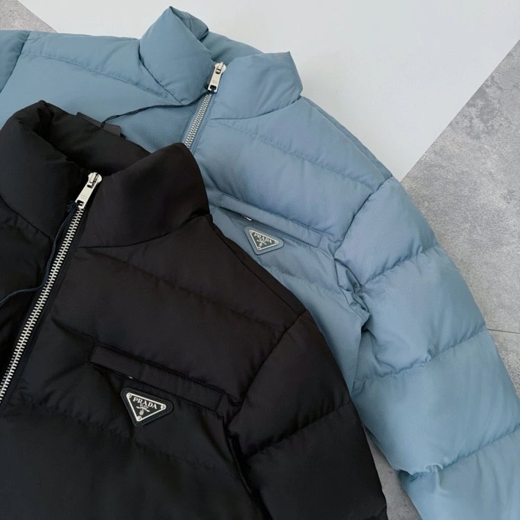 Authentic prada triangle on chest stand collar goose down down jacket unisex Men s Fashion Coats Jackets and Outerwear on Carousell