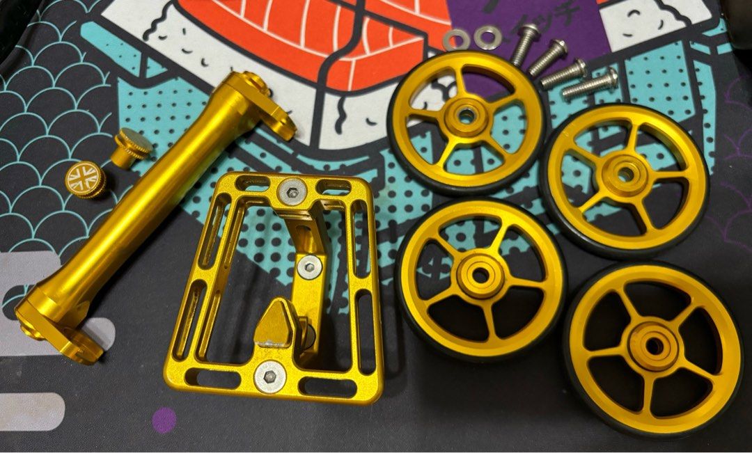 Brompton Gold Accessories (Category: Bicycles) located in Pasig City. Submitted by dt4444 (Listing ID 1318857660, Image 1). Description: 4x Gold Wheels - 1,500 2x Gold Nut Bolt - 300 Gold Front Carrier Block - 700 Gold Rear Extension Bar - 700 Total: 3,200 Package Price: 3,000.