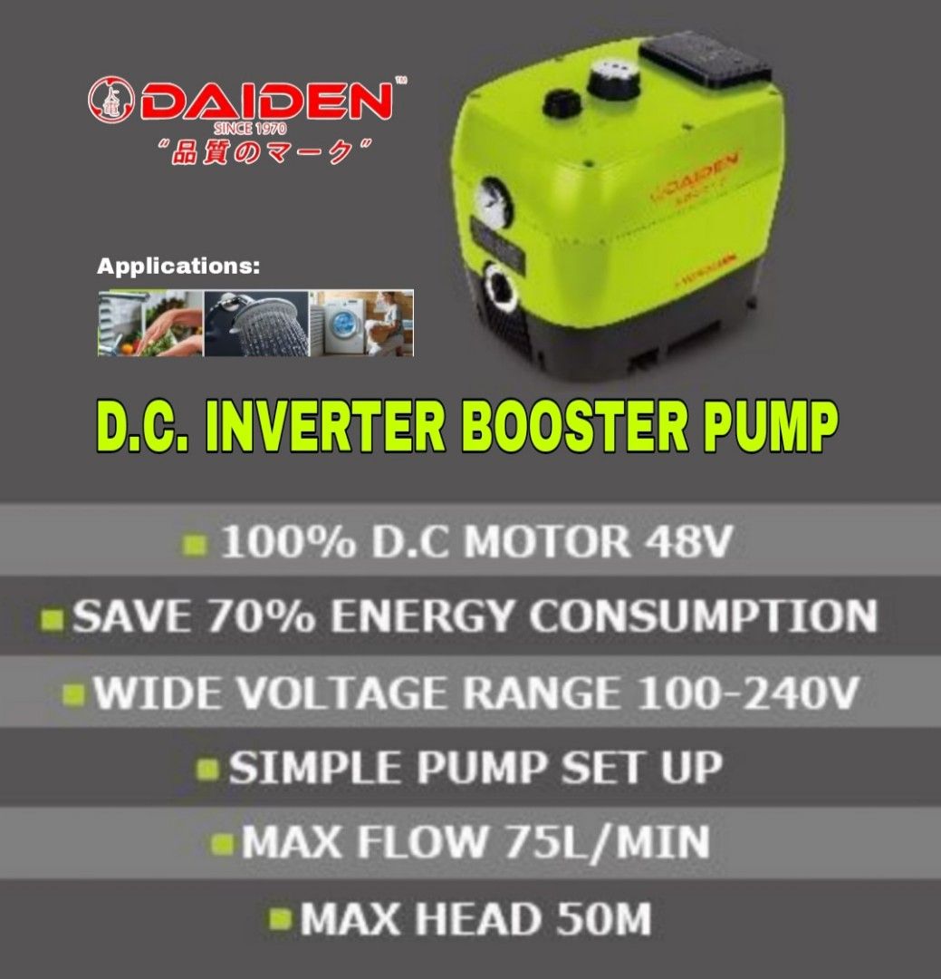 DAIDEN D.C. Inverter Booster Pump (Category: Construction Tools & Equipment) located in Manila. Submitted by tonpornel (Listing ID 1318835851, Image 1). Description: DAIDEN D.C. Inverter Booster Pump Ton-Pornel Mercantile • We supply Powertools, Hardware tools, Plumbing, Paints, Electrical and Construction materials • We offer Paint Mixing and Powertools Repair Visit us: 38 Marcos Highway Mayamot, Antipolo City https://maps.google.com/?cid=138423
