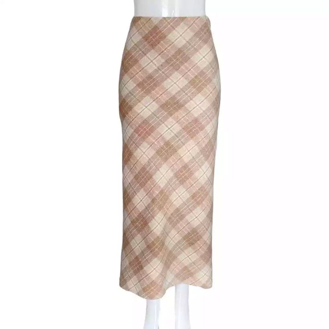 express 90s vintage cream nude pinterest plaid wool knit maxi skirt Women s Fashion Bottoms Skirts on Carousell