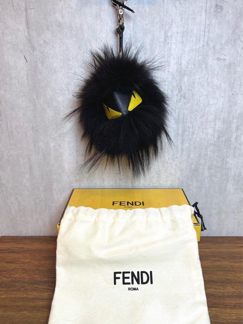 Fendi Monster Bag Bug Yellow Eyes Black Fur Leather Key Chain Bag Charm
