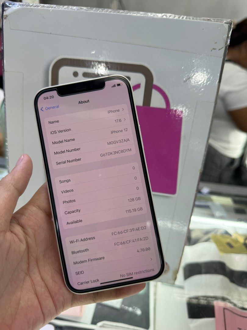 iphone 12 128gb dual sim 2ndhand (Category: iPhone 12 Series) located in Cainta. Submitted by vine_gadget_shop (Listing ID 1318911653, Image 3). Description: iphone 12 128gb dual sim 2ndhand with box and cord replacement hk variant no issue check a u want pick up store greenhills shopping center we accept trade in we accepy credit card and ggives installment we do cod and door to door we ship nationwide for fast transaction call 09277368323 look 