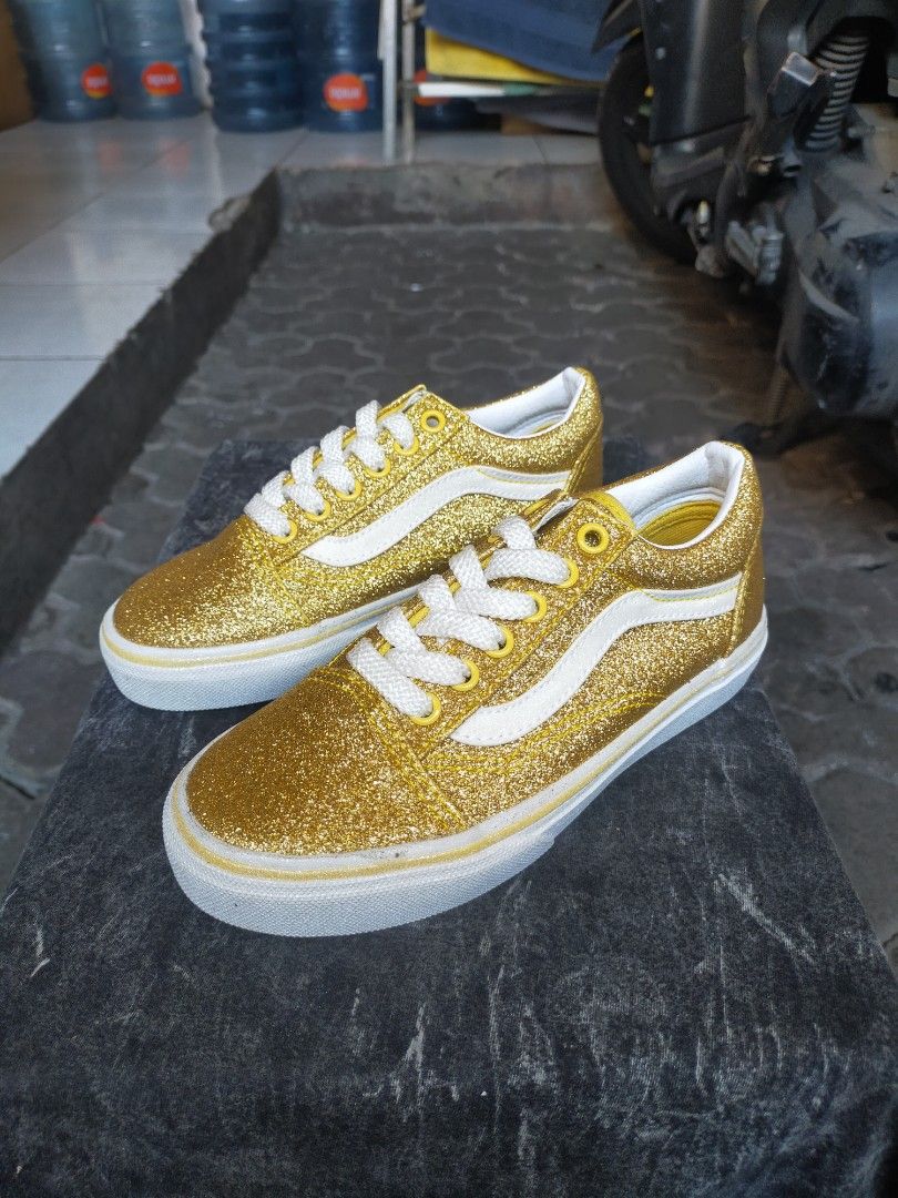 Vans KIDS Old Skool Glitter Amberlight/Trwht Original (authentic sk8 old  skool anaheim pro california slip on og ultracush style44 skateboard - Main Image