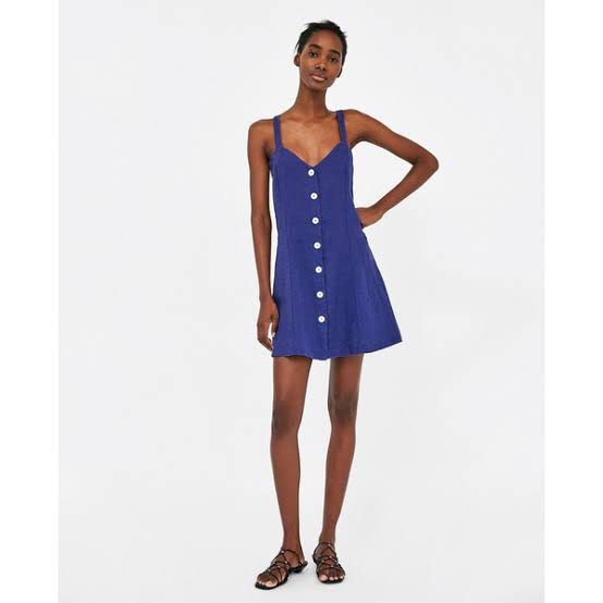 Zara Buttoned Blue Linen Dress S, Women's Fashion, Dresses & Sets, Dresses  on Carousell