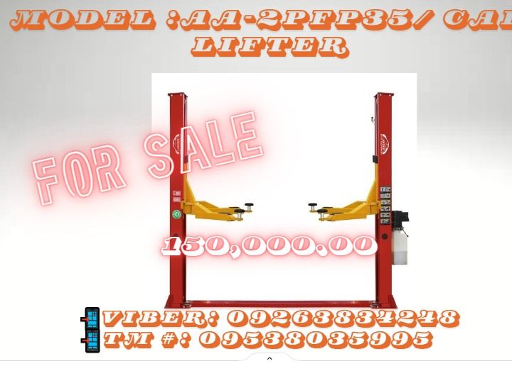 AA-2PFP35 / CAR LIFTER (Category: Construction Tools & Equipment) located in Caloocan City. Submitted by 09051674995 (Listing ID 1318998278, Image 1). Description: ①Dual points Manual unlock ②Toe protector included ③Iron motor +plastic oil tank ④ Up Arm lock standard; ⑤ 4 straight 2 stage arms Min height: 100mm Lift height(mm) 1850mm Rise time (appro.) 40-50s Drop time(appro.) 20s Power of motor 2.2kw Power supply 380V/50HZ,1PH Height of the post