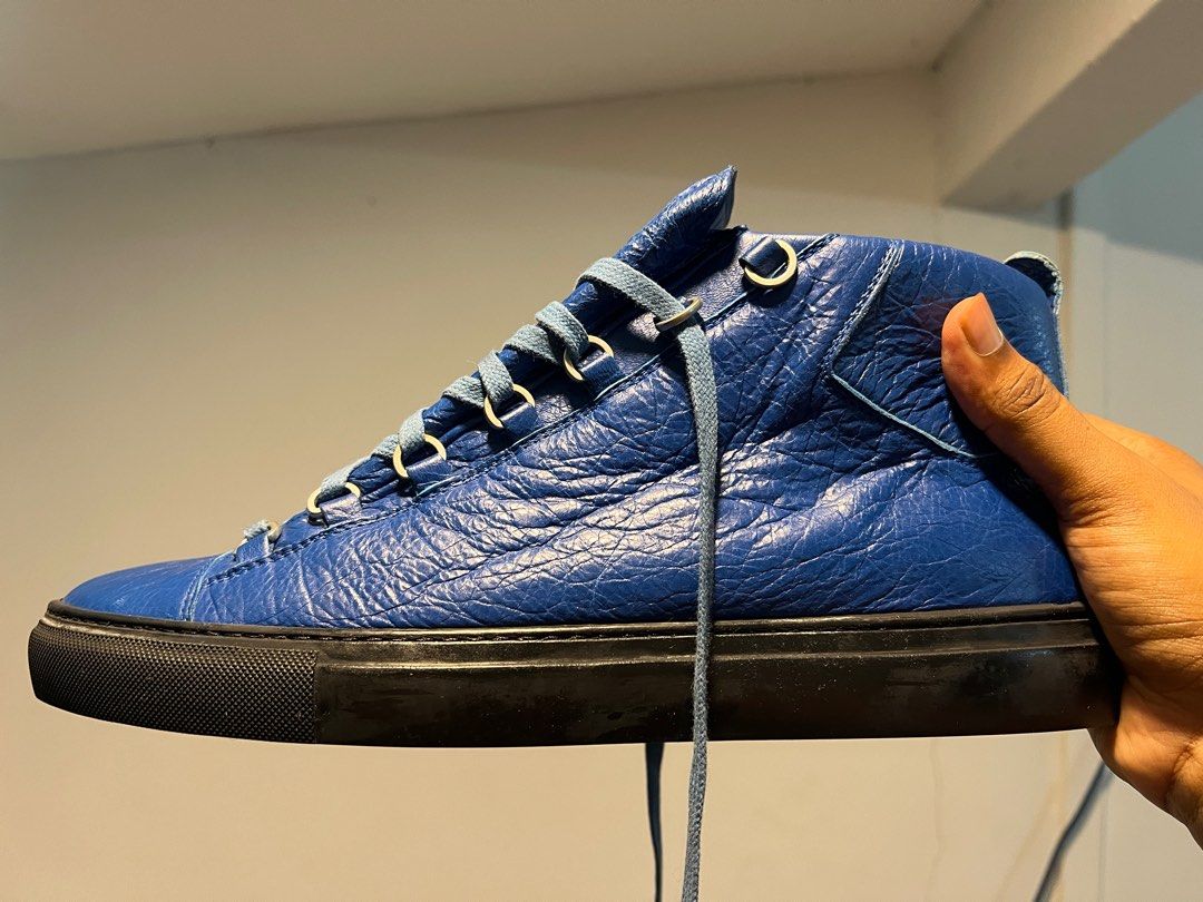 BALENCIAGA BLUE CRACKED LEATHER ARENA HIGH TOP SNEAKERS