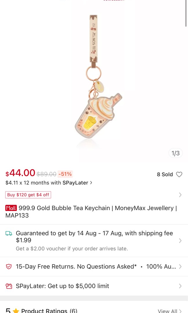 bubble tea 999 gold keychain from money max, Women's Fashion