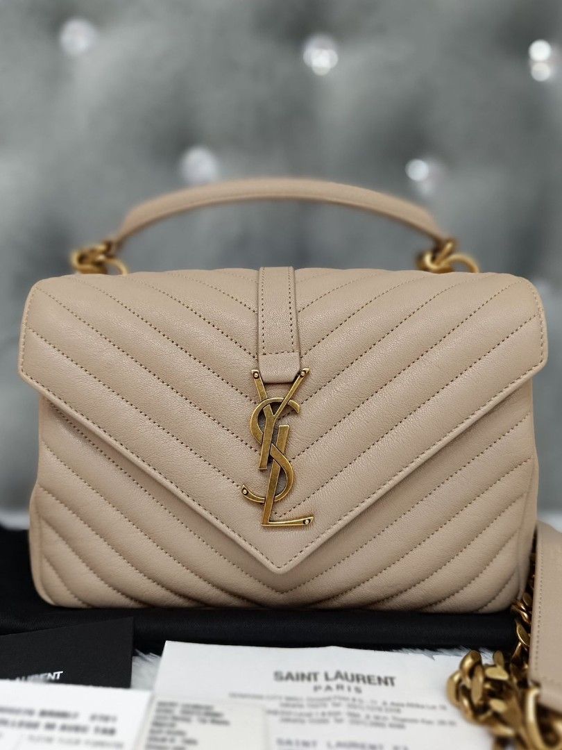 Fast Sale Preloved YSL College Medium Shoulder Bag Dark Beige 2022 size 24 x 6.5 x 19 cm With strap booklet year card dustbag and ori receipt