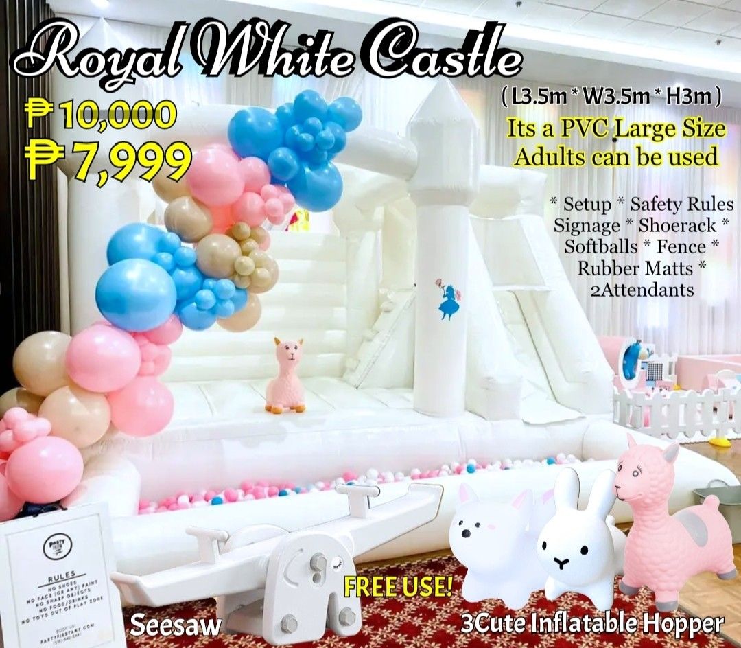 Inflatable playground PVC (Category: Infant Playtime) located in Manila. Submitted by prettyme101395 (Listing ID 1319004301, Image 1). Description: Starts @ 3,500 Special Offer Rates for early Bookings! BOOK NOW! 🥳🌈 Our inflatables are made of High quality PVC Material, Safety suitable for Heavy Older Kids! ❤️.