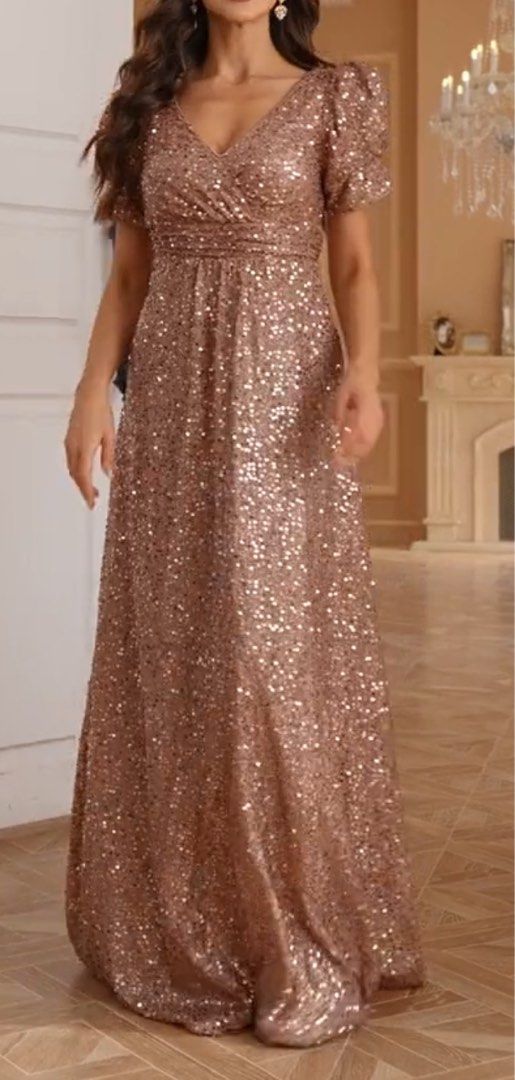 SHEIN LUNE Glitter A-Line Party Dress With V-Neckline And Puff