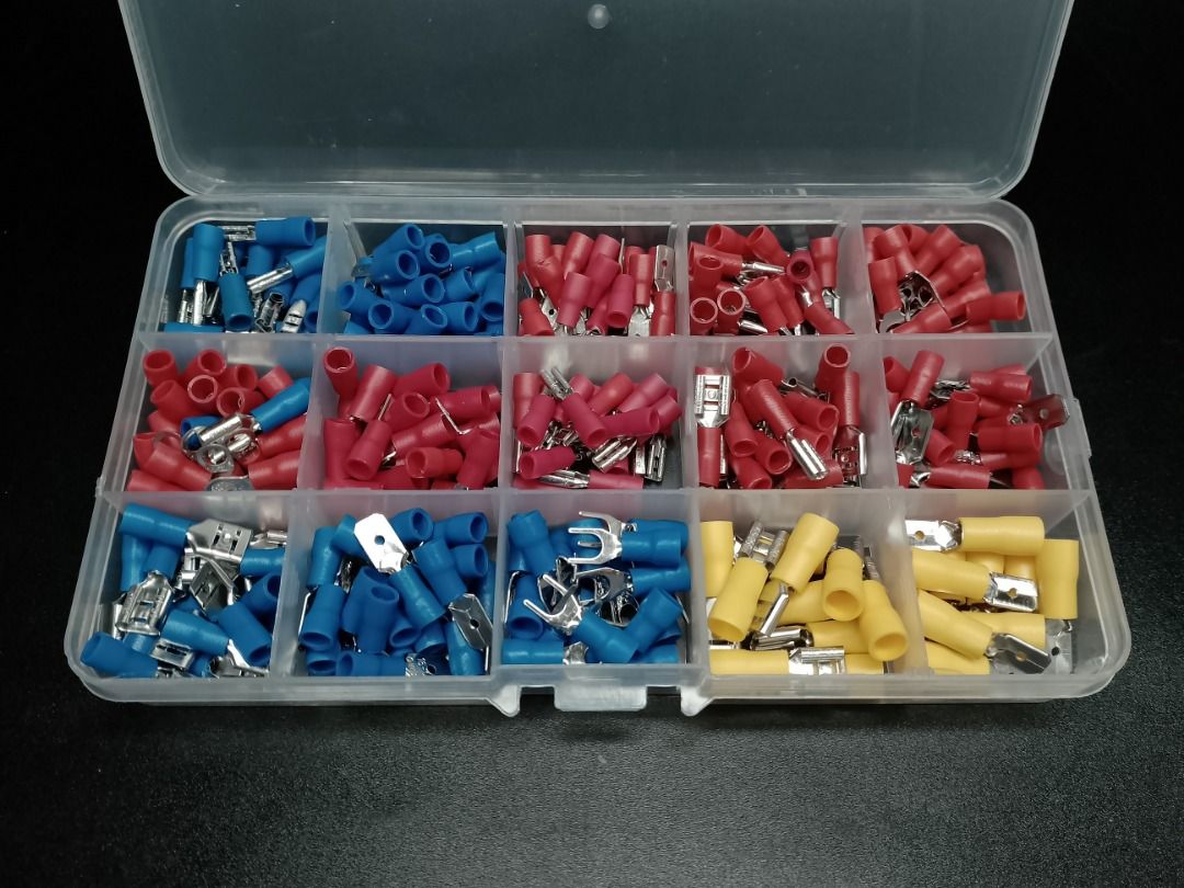 SPADE TERMINAL INSULATED CABLE CONNECTOR (280-PCS/1-BOX), ELECTRICAL WIRE CRIMP BUTT RING FORK (Category: Electrical, Adaptors & Sockets) located in Quezon City. Submitted by besteinpc (Listing ID 1318987245, Image 3). Description: SPADE TERMINAL INSULATED CABLE CONNECTOR (280-PCS/1-BOX), ELECTRICAL WIRE CRIMP BUTT RING FORK FEATURES: Package Included: 👉20PCS Female Insulated Terminals Red 22-16 Gauge AWG 👉20PCS male Insulated Terminals Red 22-