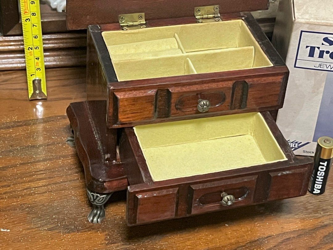 Vintage Solid wood jewelry box (Category: Storage Boxes & Baskets) located in Manila. Submitted by yourtoothfairy (Listing ID 1319123843, Image 2). Description: Vintage hancrafted solid wood jewelry box. Comes with it’s original box. never used but the mirtor and the velvet inside the jewelry box has some stain/discoloration due to humidity as it was kept in storage for a long time. Please check photos for more details thanks!.