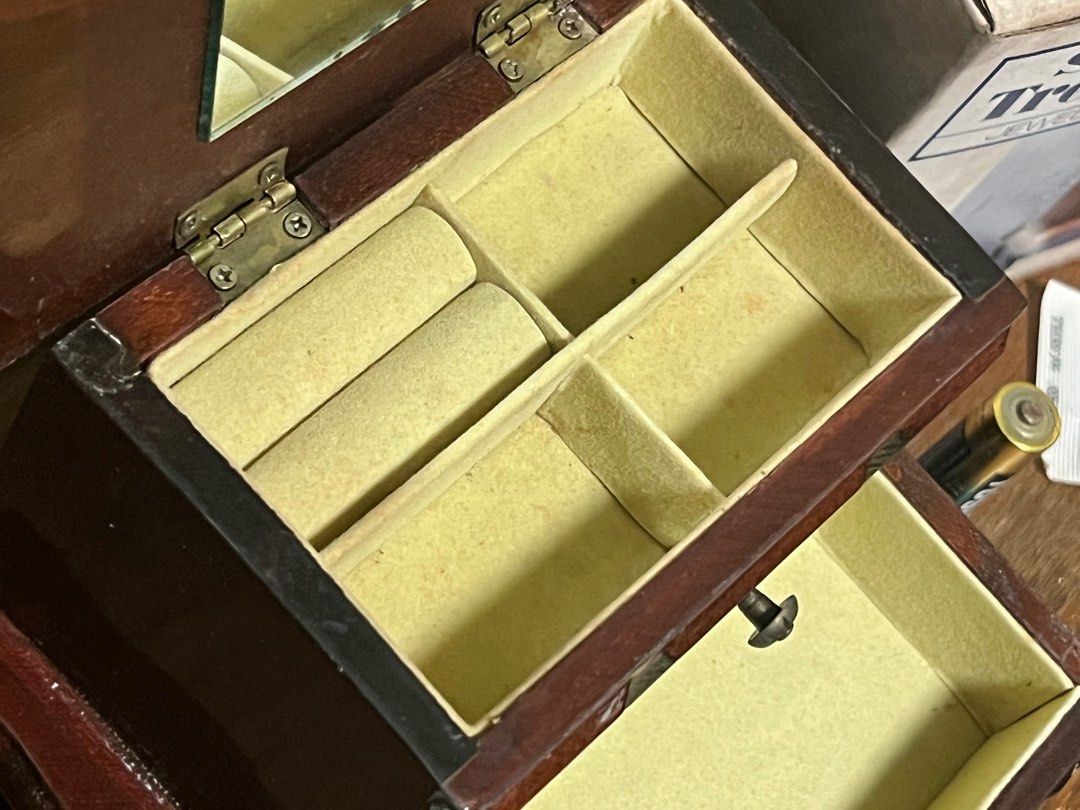Vintage Solid wood jewelry box (Category: Storage Boxes & Baskets) located in Manila. Submitted by yourtoothfairy (Listing ID 1319123843, Image 3). Description: Vintage hancrafted solid wood jewelry box. Comes with it’s original box. never used but the mirtor and the velvet inside the jewelry box has some stain/discoloration due to humidity as it was kept in storage for a long time. Please check photos for more details thanks!.