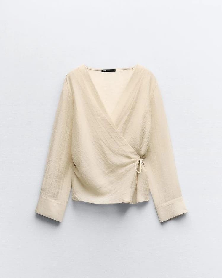 ZARA Semi Sheer Wrap Blouse, Fesyen Wanita, Pakaian Wanita