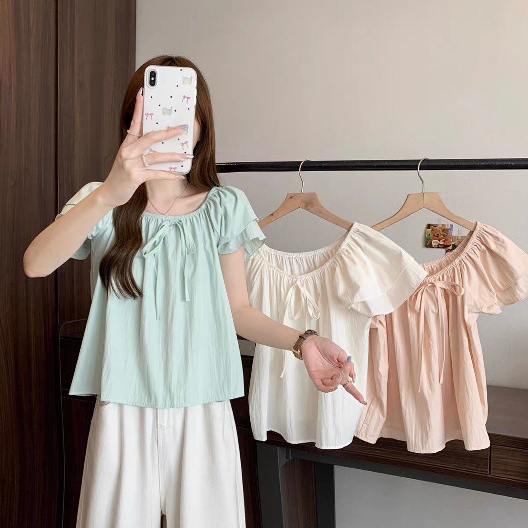 NEW IN Korean Ribbon Cap Sleeve Linen Top Women s Fashion Tops Blouses on Carousell