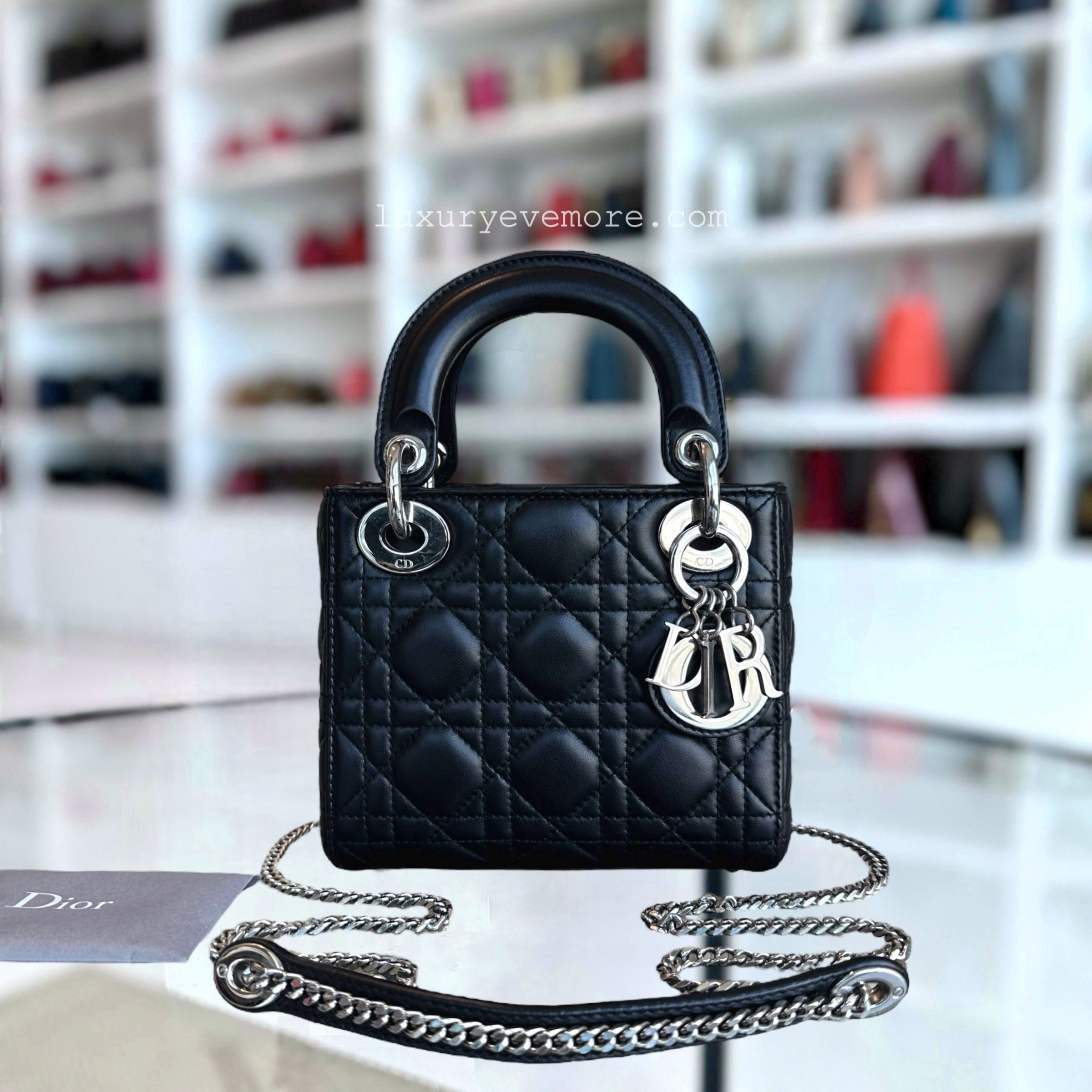 Dior Lady Mini Cannage Lambskin Black Silver Hardware Chain Version Luxury Bags Wallets on Carousell
