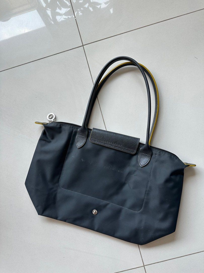 Longchamp Le Pliage Tote Medium Gunmetal Grey with Yellow Trim