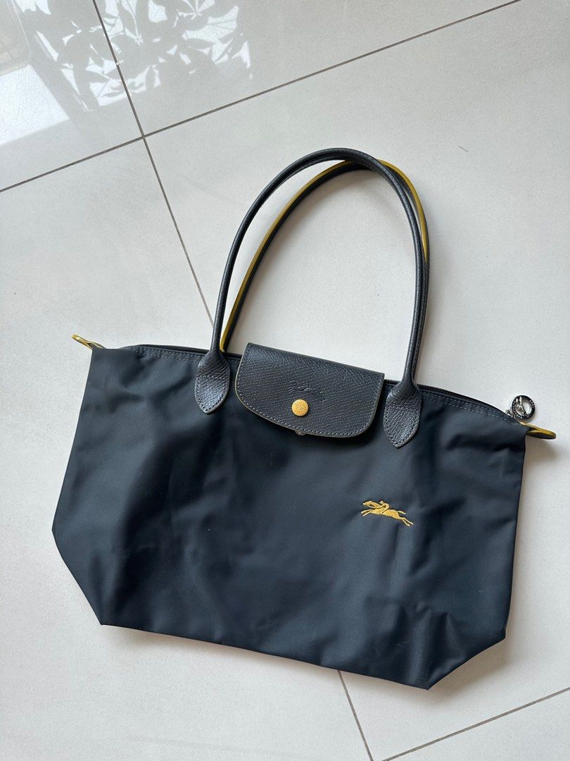 Longchamp Le Pliage Tote Medium Gunmetal Grey with Yellow Trim Luxury Bags Wallets on Carousell