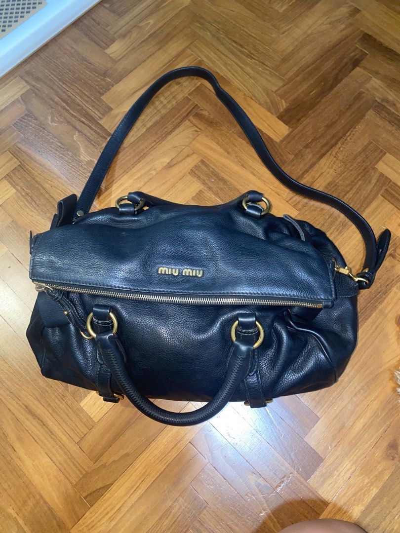 Miu Miu Black Mughetto Distressed Vitello Lux Medium Bow Bag with 