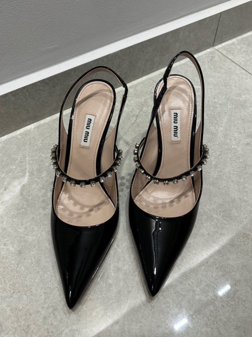 Miu Miu Crystal embellished Patent leather Slingback Pumps